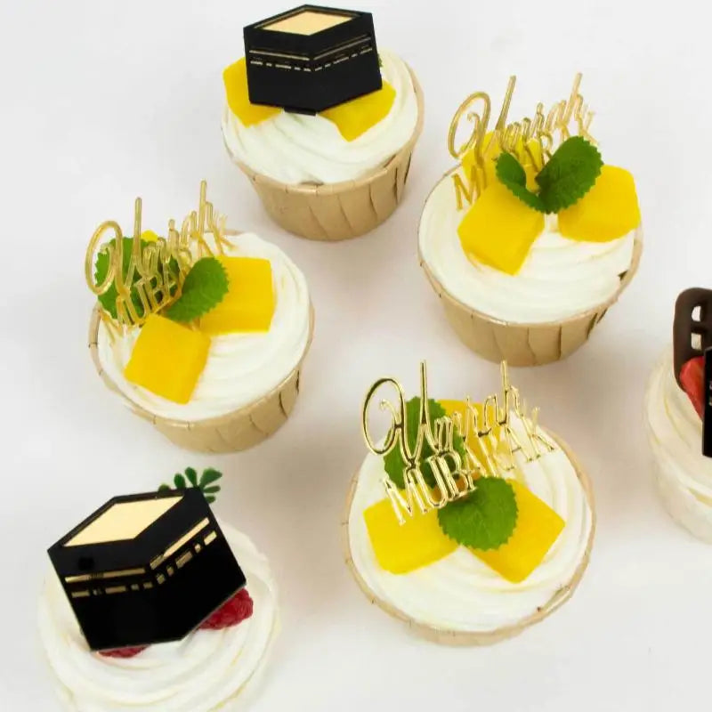 Muslim Umrah Mubarak 6pcs Topper Set in Gold, Great for Ramadan Cake and Cupcake Decorations