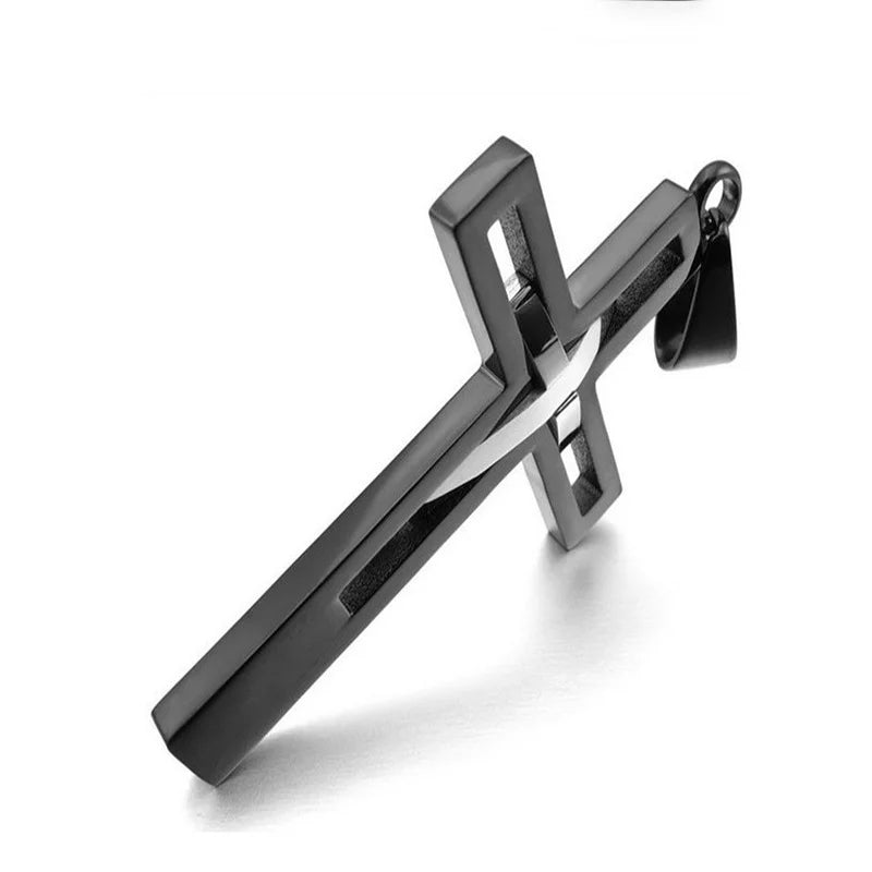Men's Vintage Stainless Steel Hollowed Dual Cross Pendant Necklace, Cross Necklace, Carbon Fiber Pendant  Gift