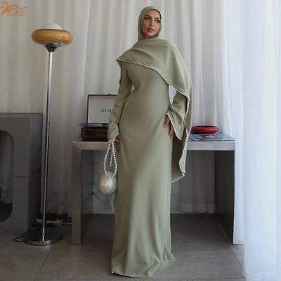 Pearls of Purity – White Cape Sleeve Maxi Dress for the Muslim Woman in America