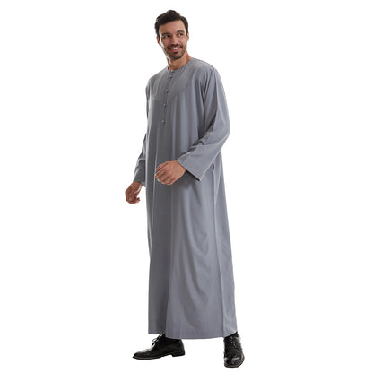 TH839 Men's Muslim Middle Eastern Men Long Sleeves Pure Color Buckle Robe Ramadan Eid Jubba Thobe