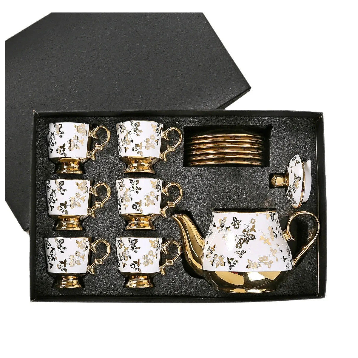 European Arabic Style Gold Plated 6 Cups and 6 Plates and Pot Gift Box Set Ceramic Tea Coffee Cup and Saucer Set for Parties