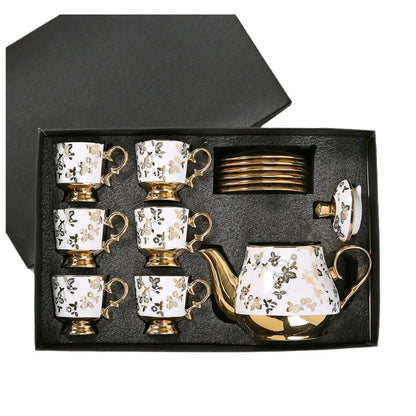 European Arabic Style Gold Plated 6 Cups and 6 Plates and Pot Gift Box Set Ceramic Tea Coffee Cup and Saucer Set for Parties