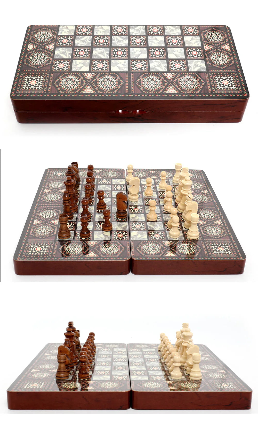 40cm Large 3-in-1 Wooden Chess & Checkers & Backgammon Set, Foldable Board for Family Travel