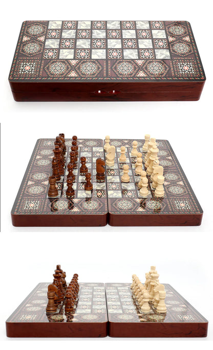 40cm Large 3-in-1 Wooden Chess & Checkers & Backgammon Set, Foldable Board for Family Travel