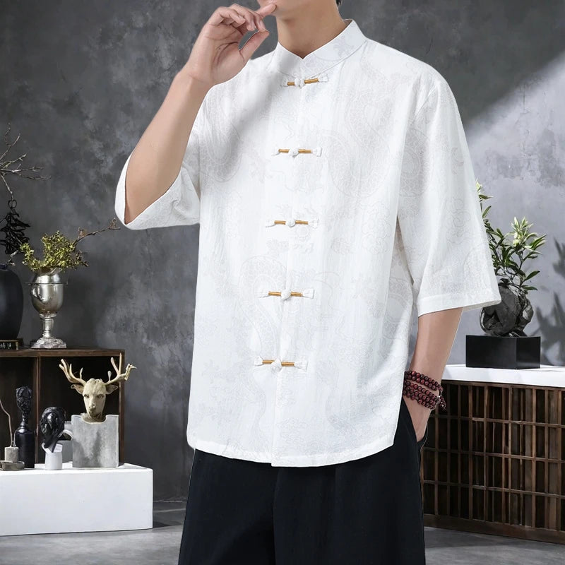 Men's Lightweight Printed Shirt Summer Chinese Style Mandarin Collar Casual Top with Frog Buttons Oriental Design