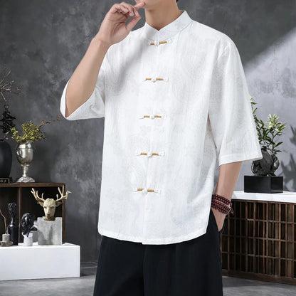 Men's Lightweight Printed Shirt Summer Chinese Style Mandarin Collar Casual Top with Frog Buttons Oriental Design