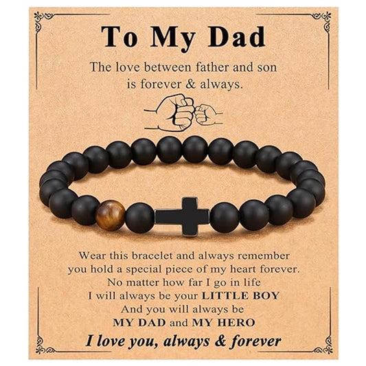 Elastic Natural Stone Beaded Cross Bracelet For Dad Godfather Husband Brother Faith Love Hope Gifts
