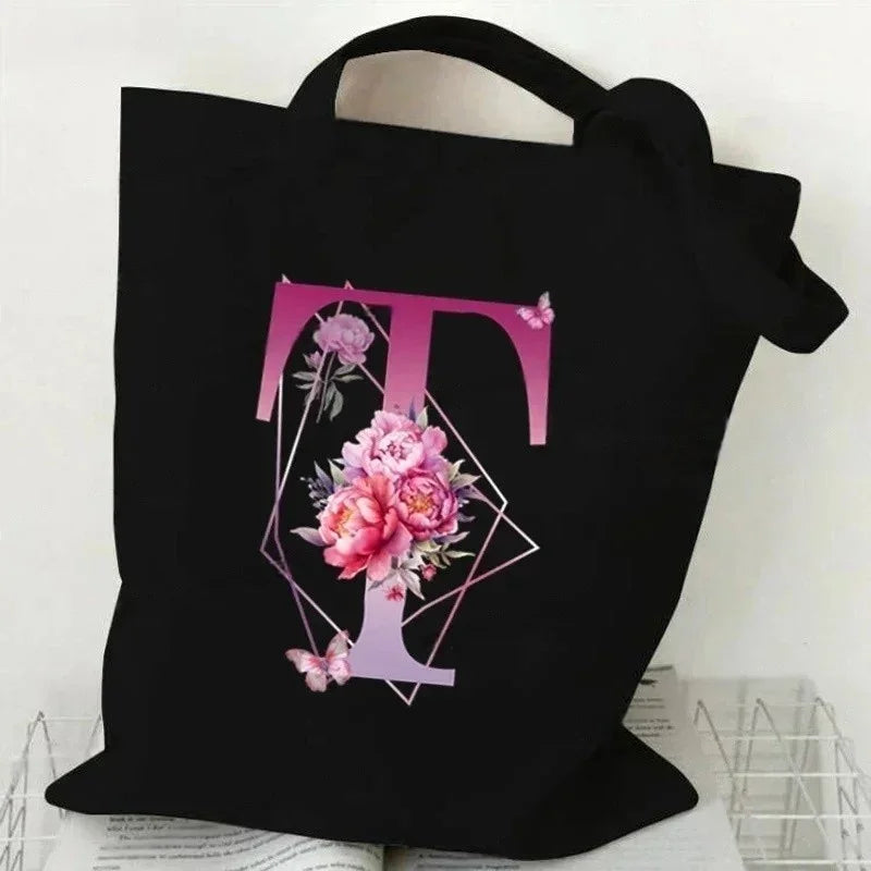 Noir Florale – Black Purple Alphabet Canvas Shoulder Tote
