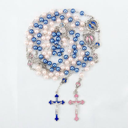 Retro Oil Drop Treasure Blue Alloy Cross Pendant Necklace with 6MM Pearl Bead Virgin Prayer Beads Set - 1 Piece