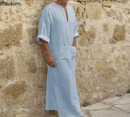 2026 New Muslim Robe Solid Color Retro Arab Islamic Clothing Men Dress Casual Cotton Linen Long Kaftan Middle East Caftan Abayas