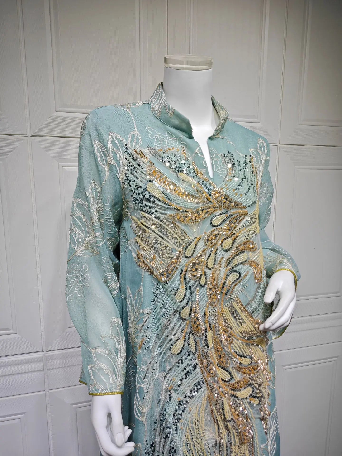 Zahraa Dubai Sequins Luxury Woman Evening Dress Mesh Embroidered Abaya V-Neck Caftan Marocain Femme 2026