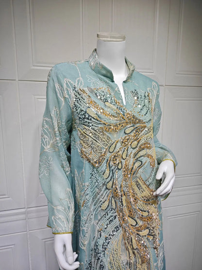 Zahraa Dubai Sequins Luxury Woman Evening Dress Mesh Embroidered Abaya V-Neck Caftan Marocain Femme 2026