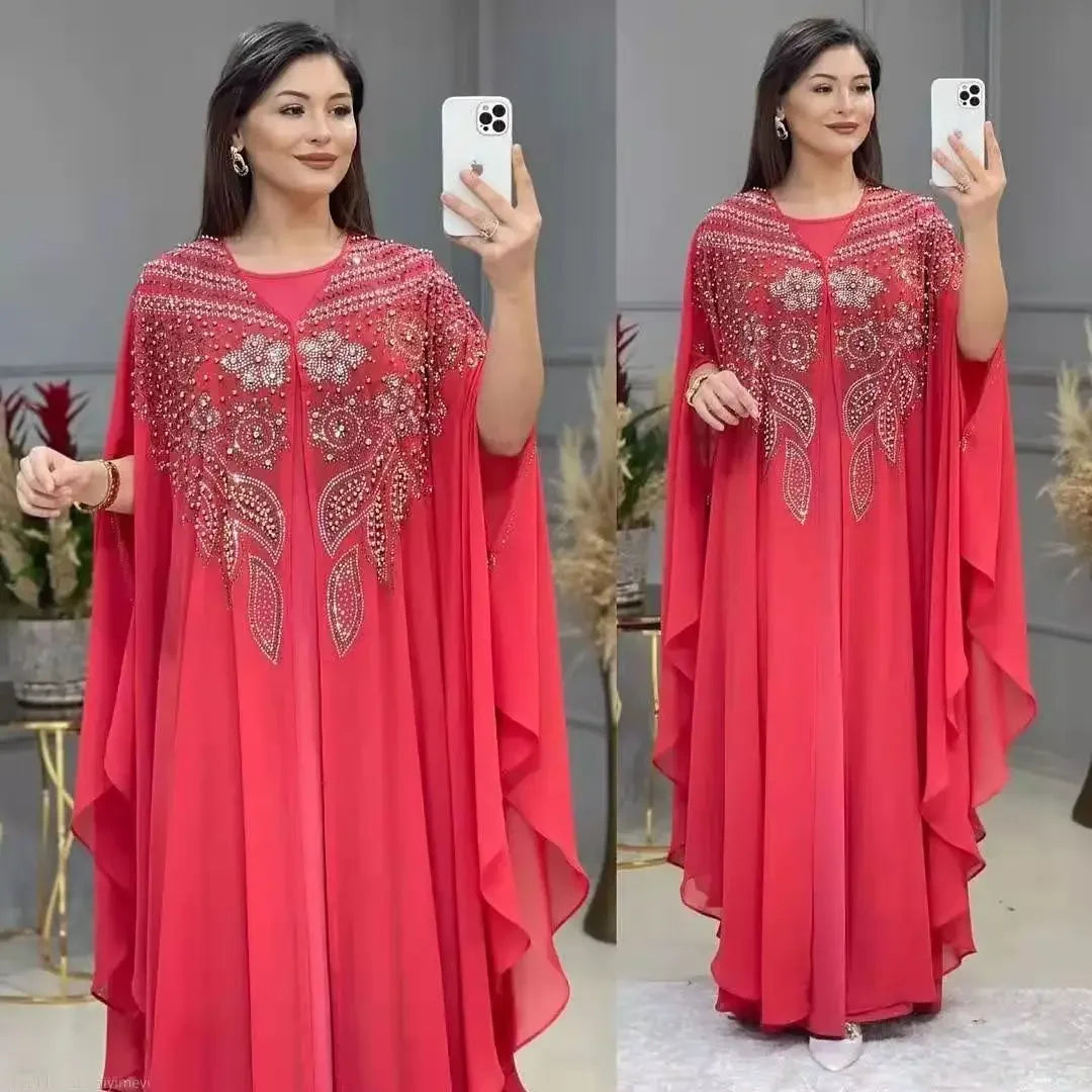 Elegant Moroccan Kaftan Set – 2 Piece Chiffon Abaya Dress