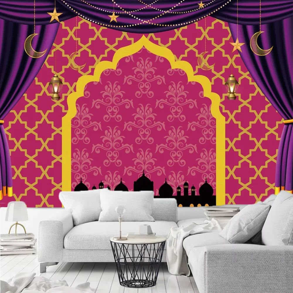 Arabic Aladdin Muslim Gold Mosque Background Fabric Princess Birthday Party Gift Photography Prop Decoration Banner Girl Poster