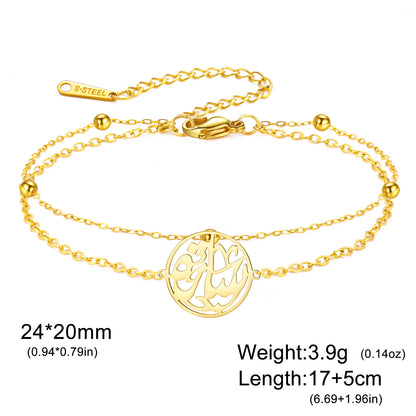 Gold Color Islamic Bracelet Stainless Steel Double Layer Arabic Calligraphy Round Pendant Muslim Prayer Jewelry Religious Gift