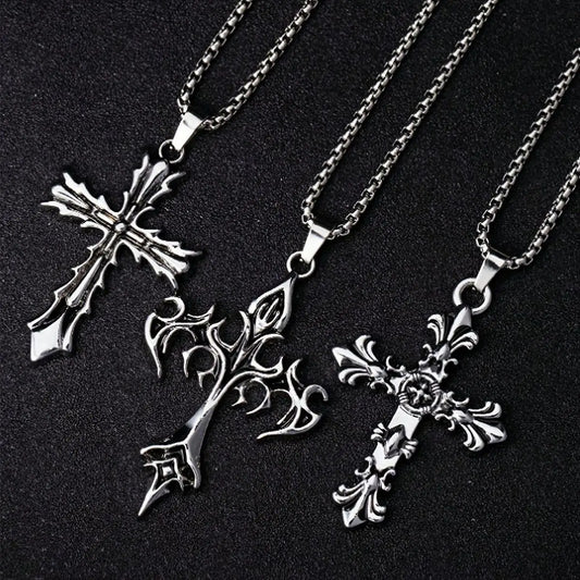 Gothic Vintage Carved Cross Pendant Necklace Set Silver Tone Box Chain Necklaces for Men Women Punk Streetwear