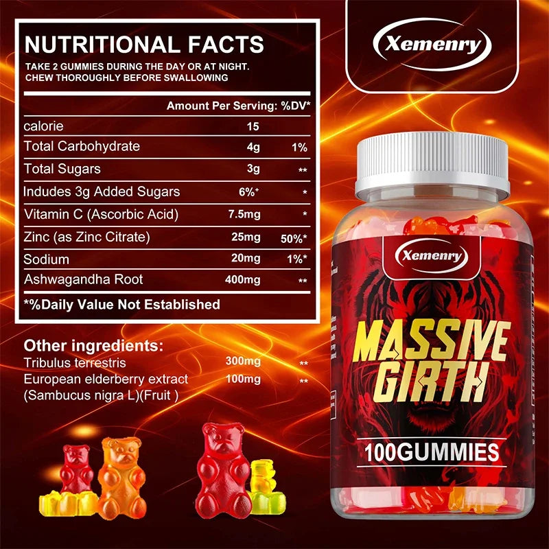 Massive Girth Gummies for Men - Men's Vitality Enhancer, Increase Size and Stamina, Boost Strength and Confidence Vegan