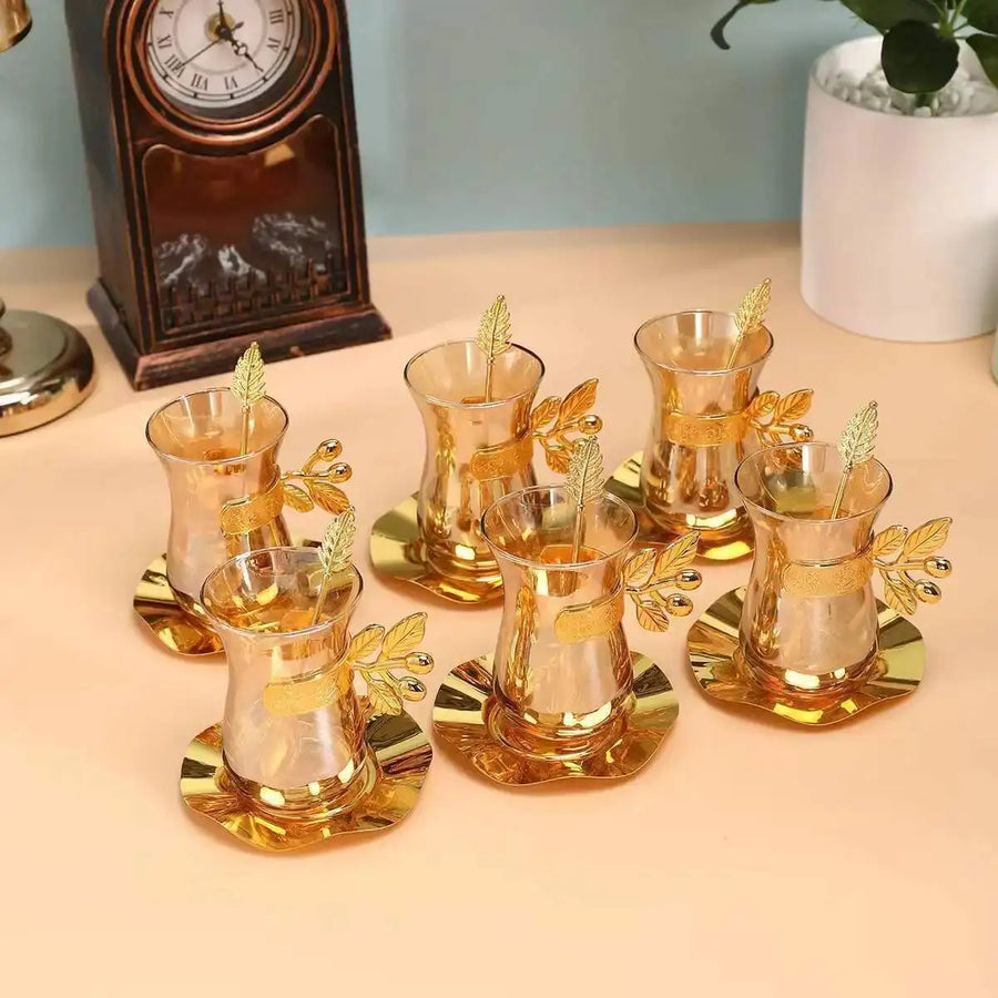 Luxury Gold Turkish Coffee Set – Cups, Saucers & Teaspoons, Black Tea Glass Collection