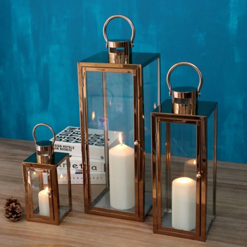 Stainless Steel Lantern Candlestick Eid Mubarak LED Wind Lamp Decor for Ramadan Kareem Aid Eid al-Fitr Home Wind Lantern Decor