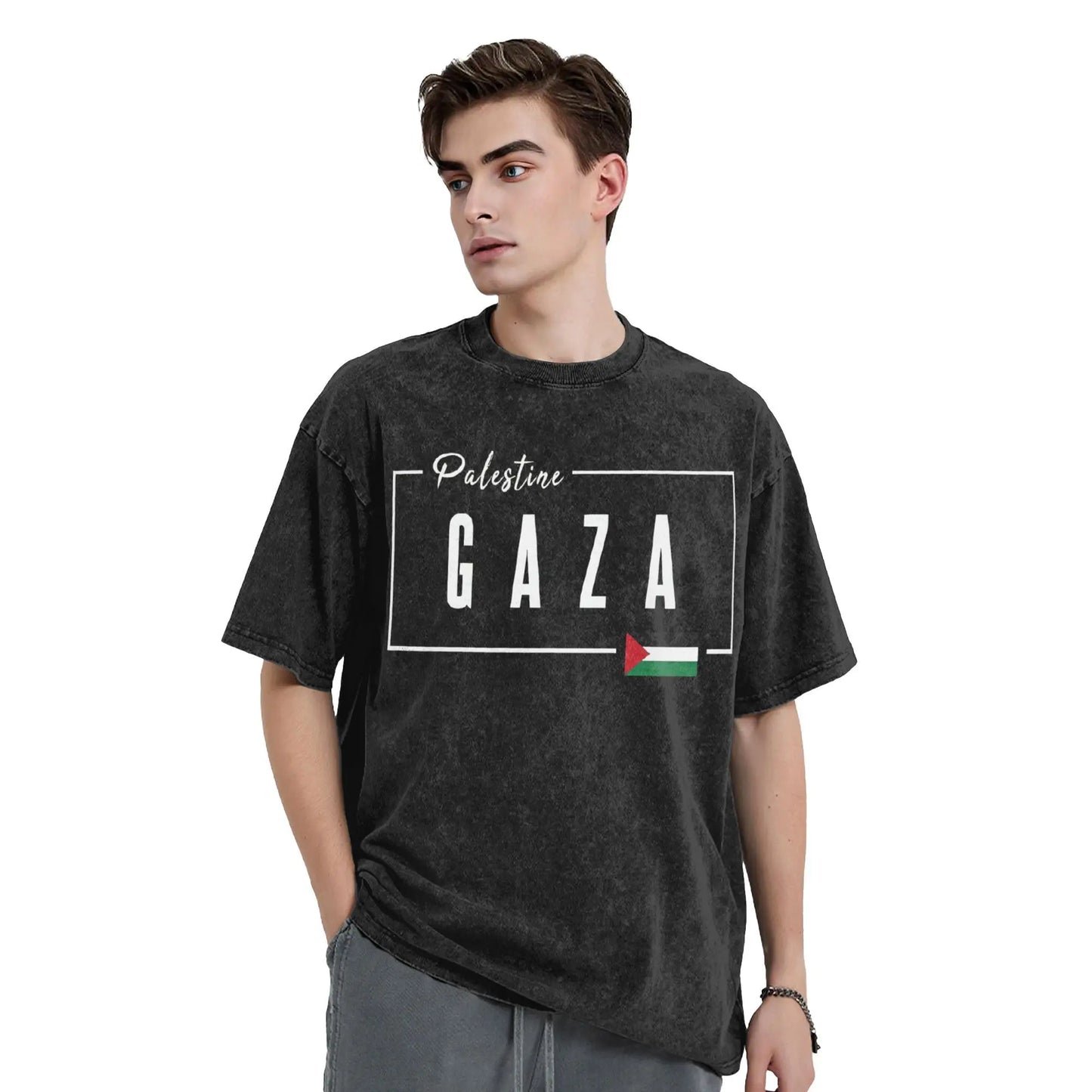 Funny Gaza Palestine Flag T-Shirt Men Round Neck Cotton Washed T Shirt  Short Sleeve Tees Party Clothing