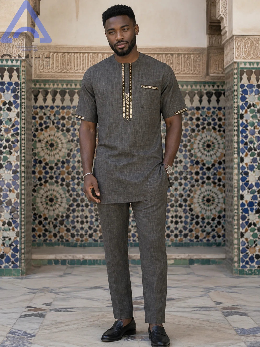 QiMing Men's Cotton Muslim Wedding Clothing Two-Piece White Boubou with Embroidery And Stripe Caftan Moroccan Modest Prayerwear