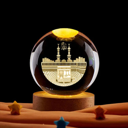 Ramadan Glowing Mosque Crystal Ball Ornament Islamic 3D Home Interior Party Desk Rotating Decoration Figurines Atmosphere Gifts