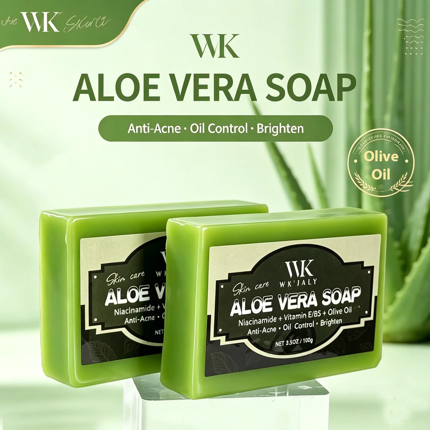 WK Natural Aloe Vera Soap, Clean Skin, Anti Acne, Oil Control, Brighten, With Niacinamide, Vitamin E, Olive Oil, For Face, Body
