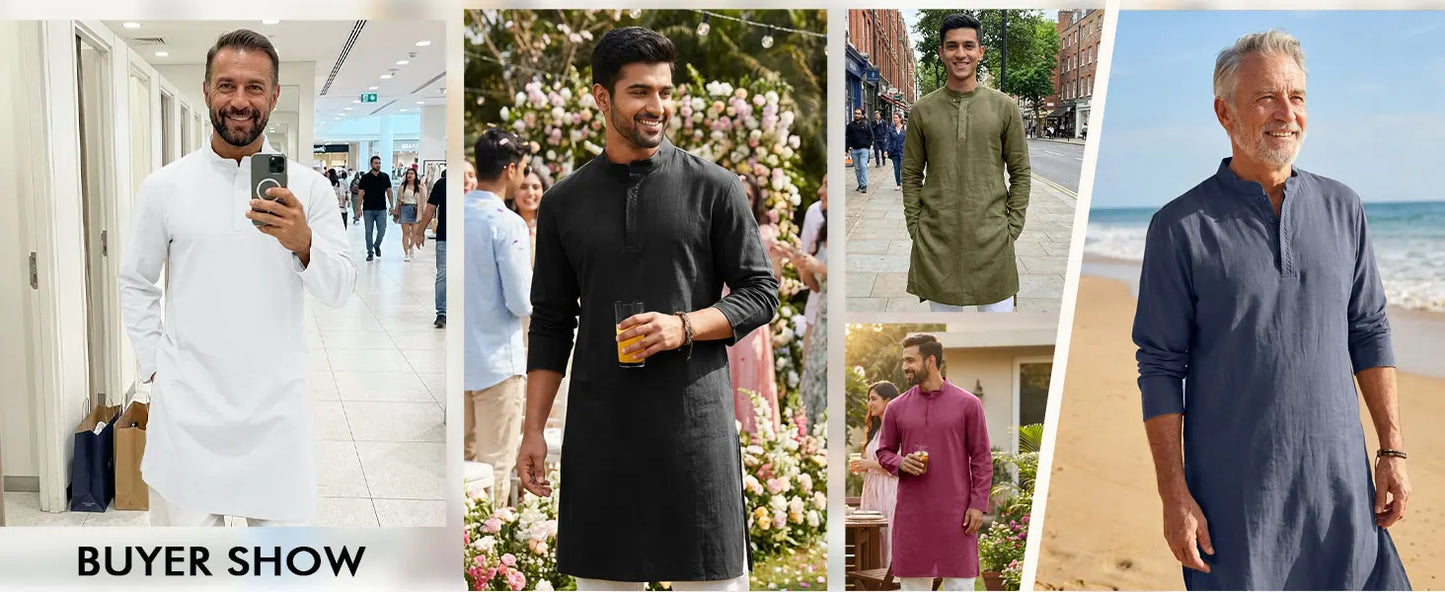 Mens Kaftan Thobe Long Sleeve Casual Henley Shirts Button Down Kurta Cotton Linen Muslim Gown Robe