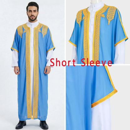 Traditional Arab Men's Robe Thobe Embroidered Dress Middle Eastern Ethnic Jubba Thobes Eid Djellaba Kimono Abaya Thoub Dishdasha