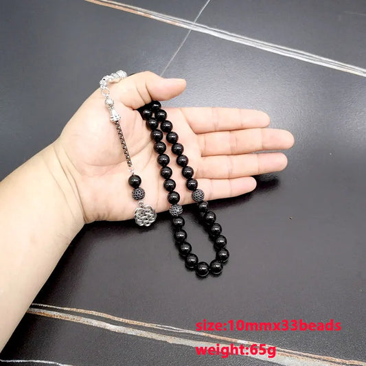 The Tasbih of Serenity – Black Agate Beads with Zircon Accents