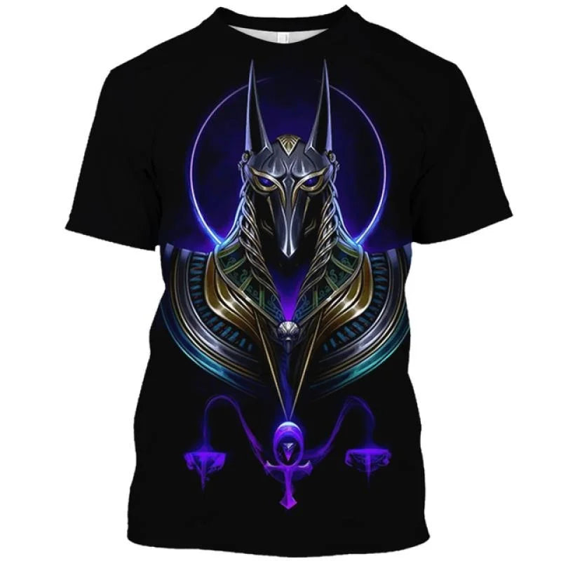 Golden Pharaoh & Anubis T-Shirt – Men's Egyptian Print O-Neck Short Sleeve Tee