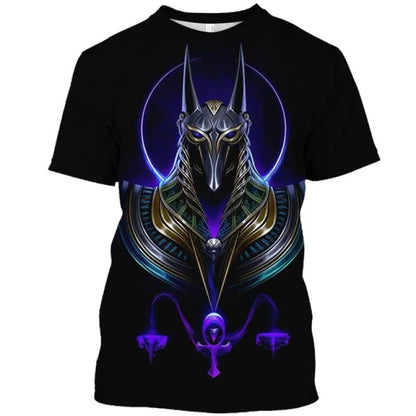 Golden Pharaoh & Anubis T-Shirt – Men's Egyptian Print O-Neck Short Sleeve Tee