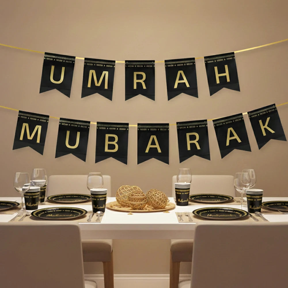 Eid Mubarak Ramadan Kareem Party Black Gold Paper Plates Cup Napkins Mubarak Umrah Banner for Islamic Muslim Festival Decoration