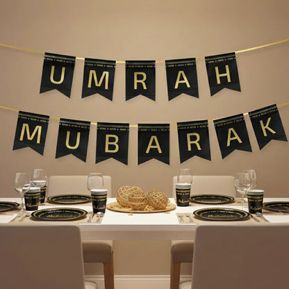 Eid Mubarak Ramadan Kareem Party Black Gold Paper Plates Cup Napkins Mubarak Umrah Banner for Islamic Muslim Festival Decoration