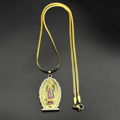 Catholic Virgin Mary Zircons Copper Pendant Necklace for Women Men Stainless Steel Gold Color Our Lady of Guadalupe Jewelry