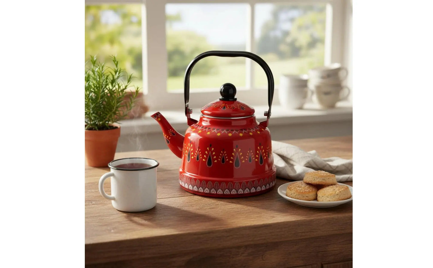 Enamel Kettle for Boil Water Round Teapot Easy to Clean Vintage Water Kettle Anti-Scald Water Kettle for Stovetop Kitchen Home