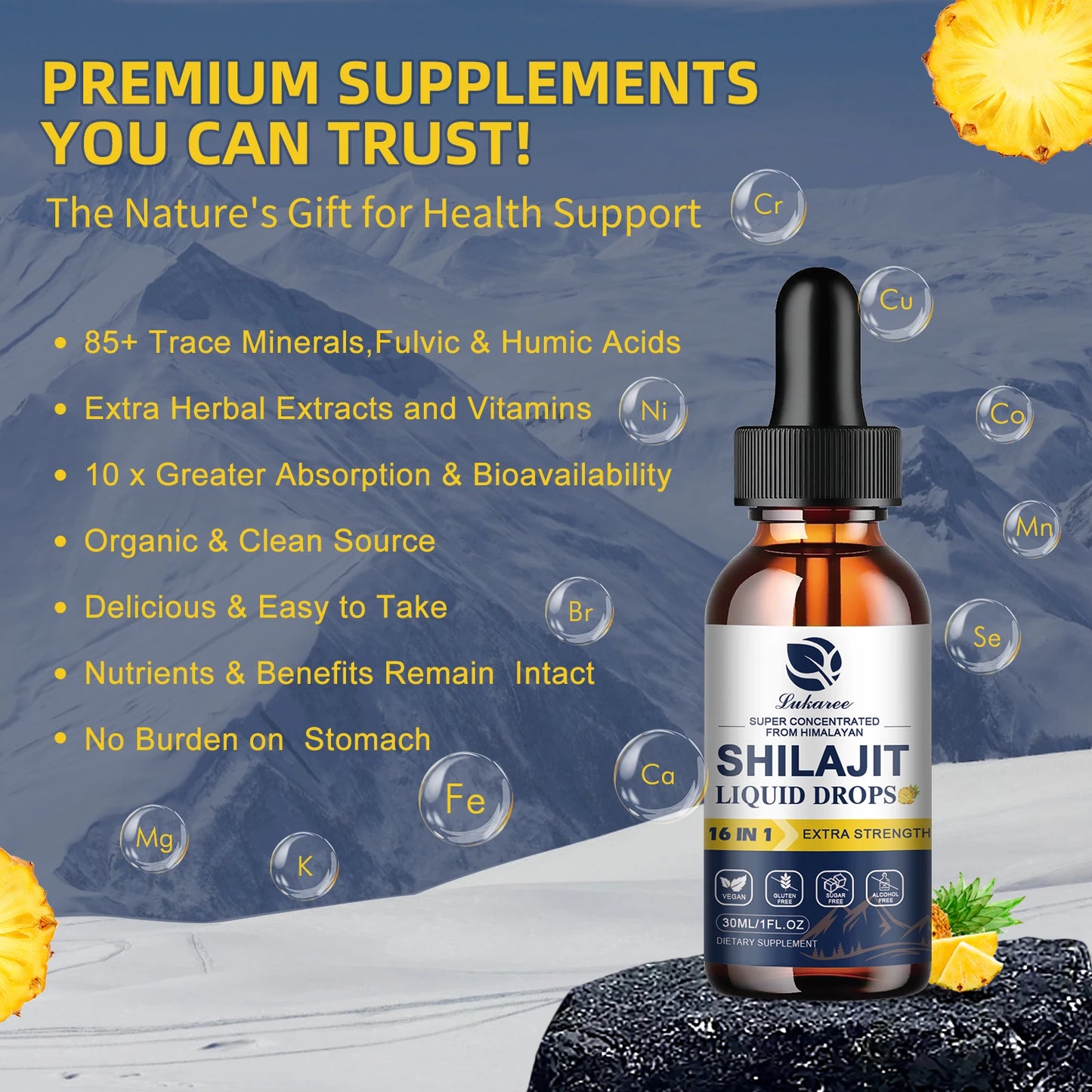 Lukaree Shilajit Drops with 85+ Trace Minerals and Fulvic Acid for Men&Women Immunity&Digestive System Health Cognitive Support