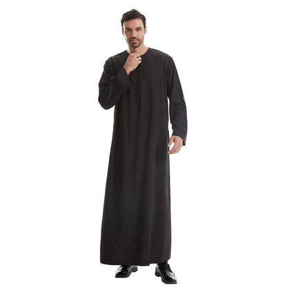 TH839 Men's Muslim Middle Eastern Men Long Sleeves Pure Color Buckle Robe Ramadan Eid Jubba Thobe