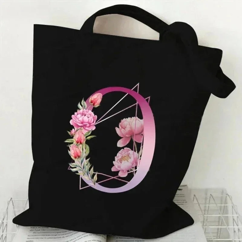 Noir Florale – Black Purple Alphabet Canvas Shoulder Tote