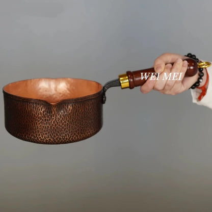 Copper Flat Pan with Side Handle Mashed Potatoes Stew Pot,Solid Wood Handle Copper Soup Noodle Pot,Home Cooking Outdoor Cookware