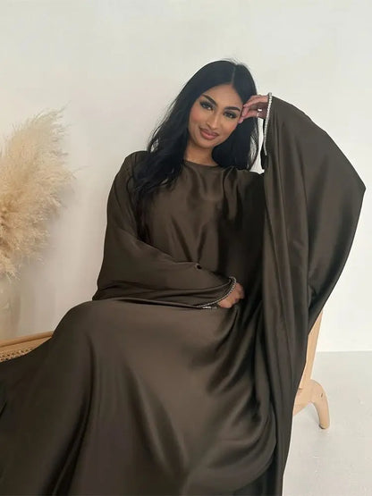 Eid Muslim Kaftan Satin Batwing Abaya Dubai Luxury Arabic African Dresses Abayas For Women Caftan Marocain Robe Femme Musulmane