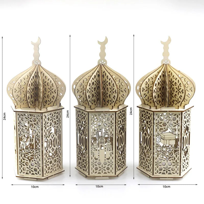 Ramadan Kareem LED Wooden Lantern Eid Mubarak Decoration for Home 2023 Islamic Muslim Party Supply Eid Al-Fitr Ornaments Lantern