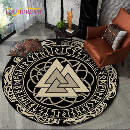 Viking Valknut Yggdrasil Tree of Life Round Area Rug,Carpet Rug for Living Room Bedroom Sofa Playroom Decor,Non-slip Floor Mat