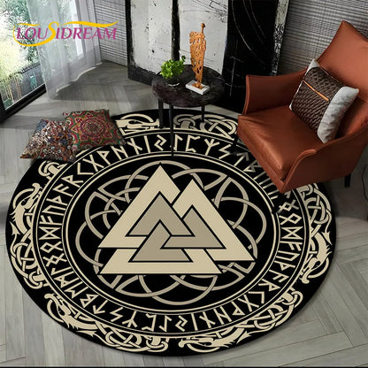 Viking Valknut Yggdrasil Tree of Life Round Area Rug,Carpet Rug for Living Room Bedroom Sofa Playroom Decor,Non-slip Floor Mat