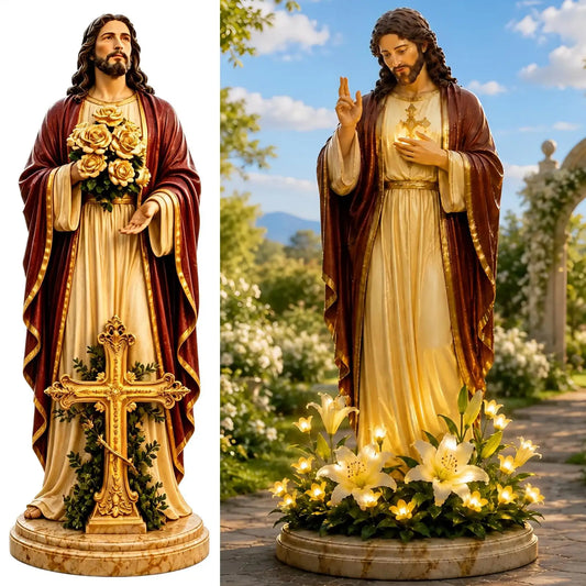 Garden Jesus Mary Statue Light Decorative Resin Sculpture With Solar Lighted Flower Holy Mother Mary Statue Christian Decor