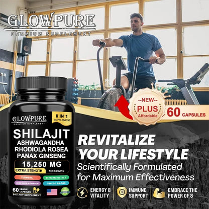 Shilajit Original Himalaya Supplements - 8 in 1 with Ginseng Ashwagandha for Brain, Memory, Concentration, Energy, Immune Health