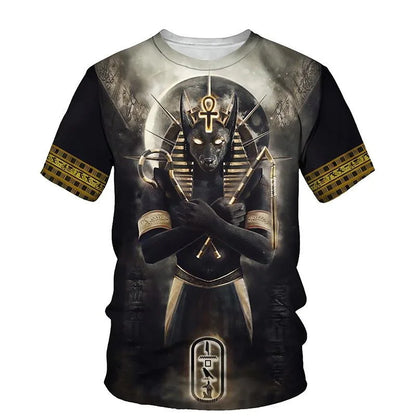 Golden Pharaoh & Anubis T-Shirt – Men's Egyptian Print O-Neck Short Sleeve Tee