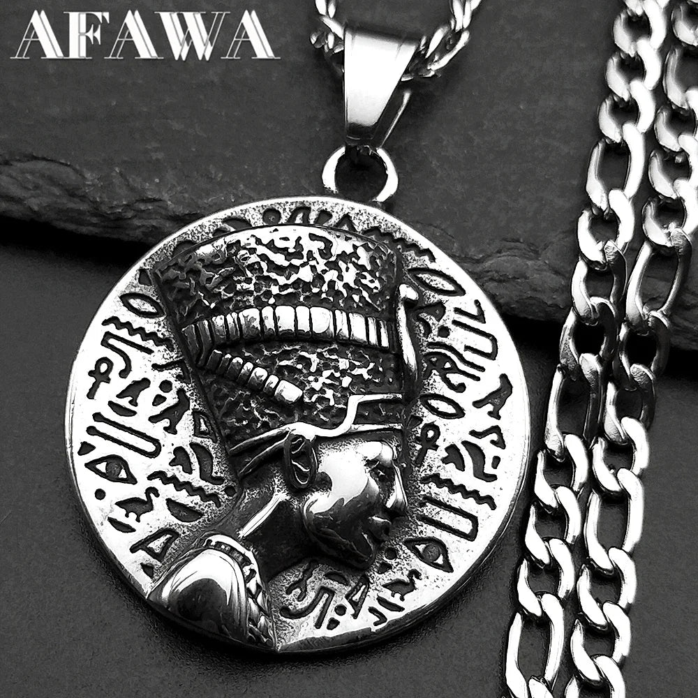 Nefertiti & Ankh Pendant – Titanium Steel Egyptian Cultural Symbol Necklace