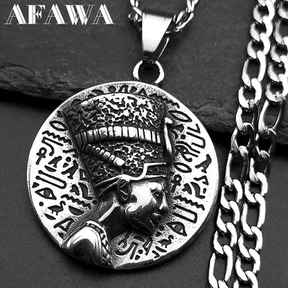 Nefertiti & Ankh Pendant – Titanium Steel Egyptian Cultural Symbol Necklace