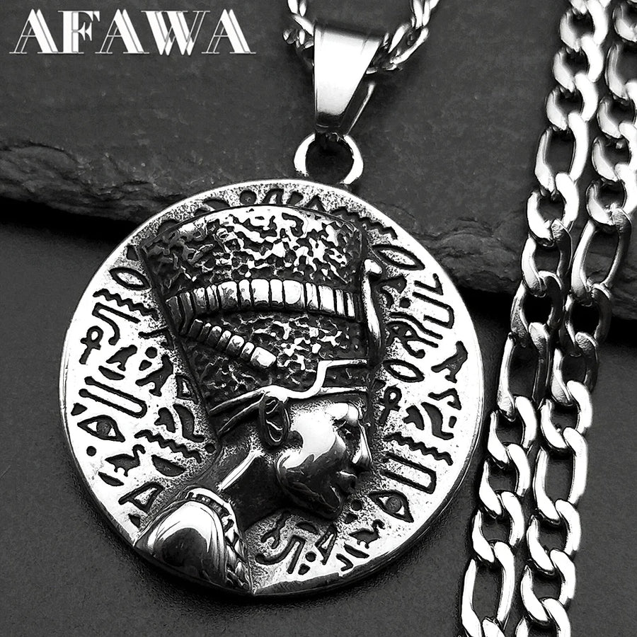 Nefertiti & Ankh Pendant – Titanium Steel Egyptian Cultural Symbol Necklace